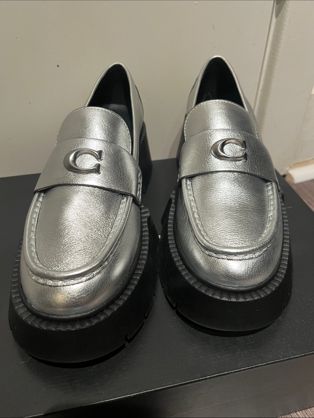Coach Silver Leather Platform Loafer with Signature 'C' Hardware